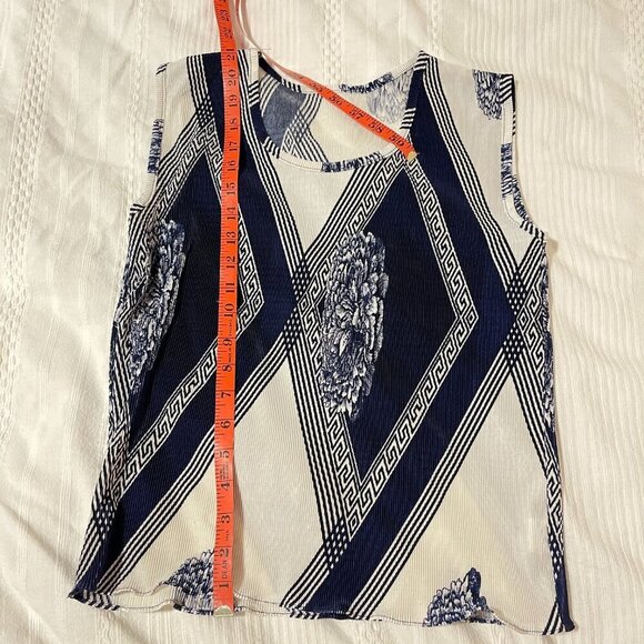 Vintage Ruched Crinkle Sleeveless Print Top Navy White - M - Picture 9 of 10